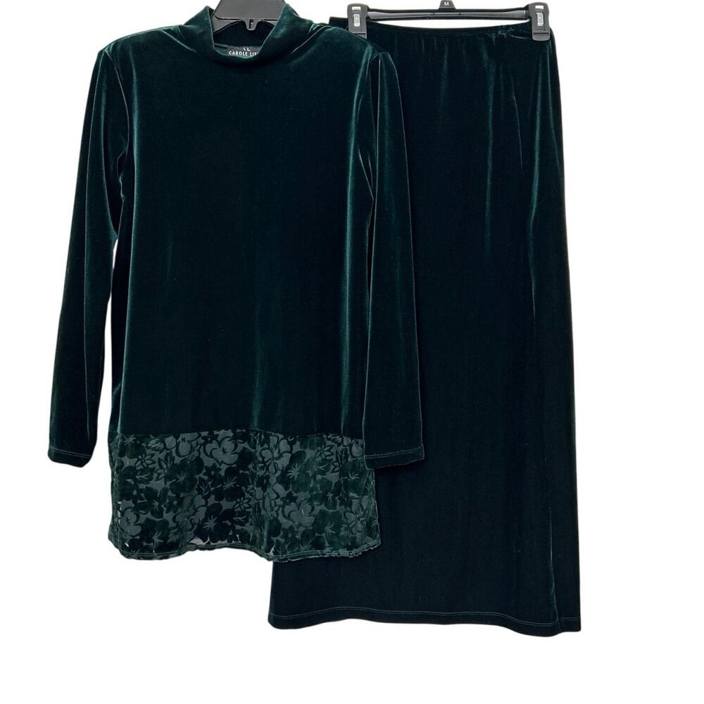 Carole Little Velvet 2-Piece Set Emerald Green Mock Neck Top & Maxi Skirt 4 VTG